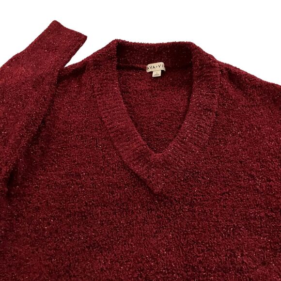 Ava & Viv Plus Size 1X Fuzzy Metallic Burgundy V Neck Sweater sparkles holiday - Picture 15 of 15